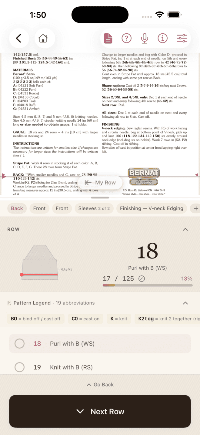 Advanced mode — row-by-row instructions with stitch counts and garment schematic