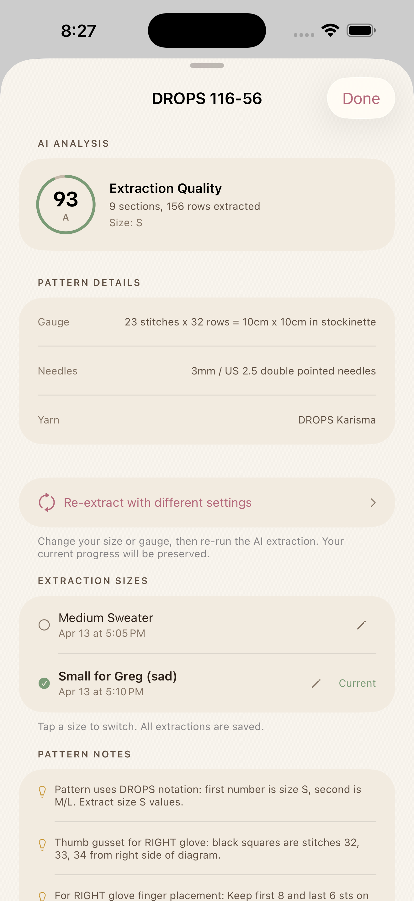 Size switching between extractions